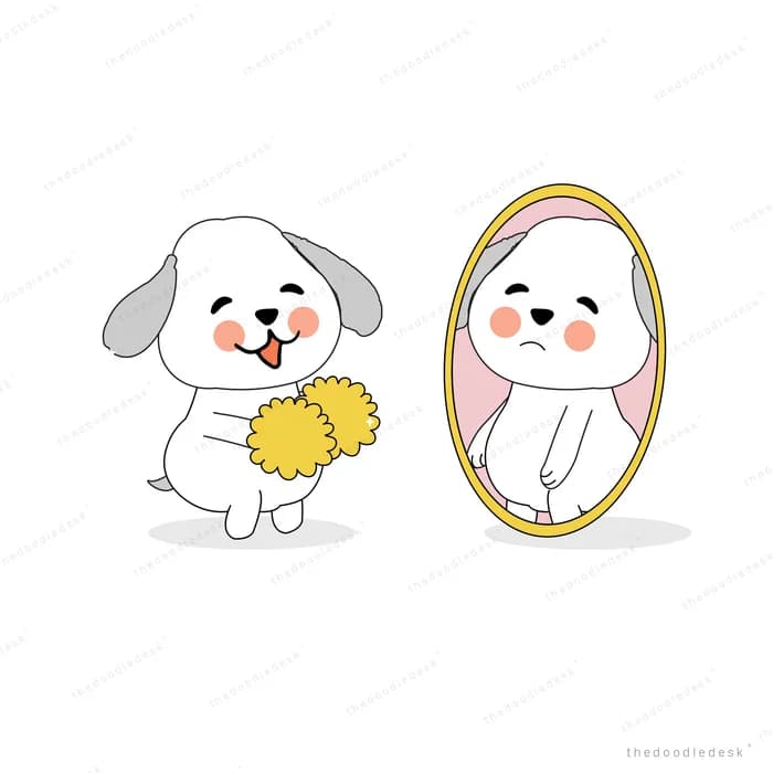 Dog holding flowers before an oval mirror