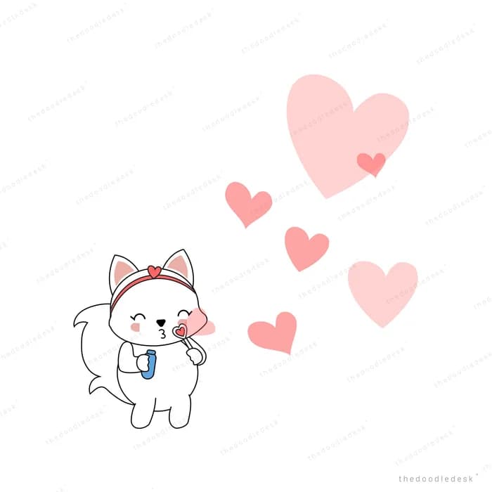Cat in a bow walking beneath floating hearts