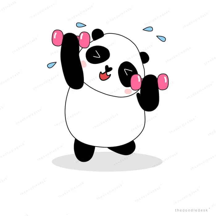 Panda lifting pink dumbbells and sweating