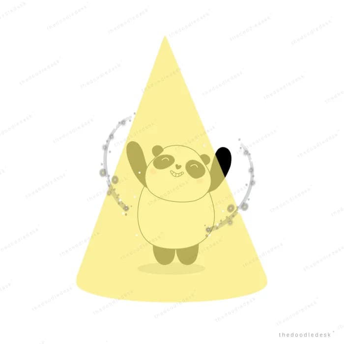 Panda in a beam of light holding a beaded strand