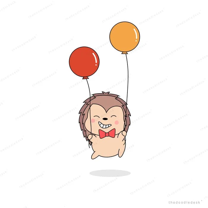 Hedgehog lifted by two orange balloons
