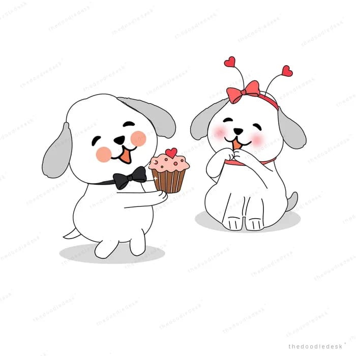 Dog offering a cupcake to another dog