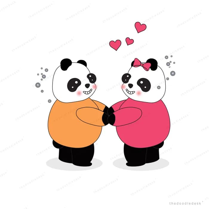 Two pandas in jumpers holding hands with hearts