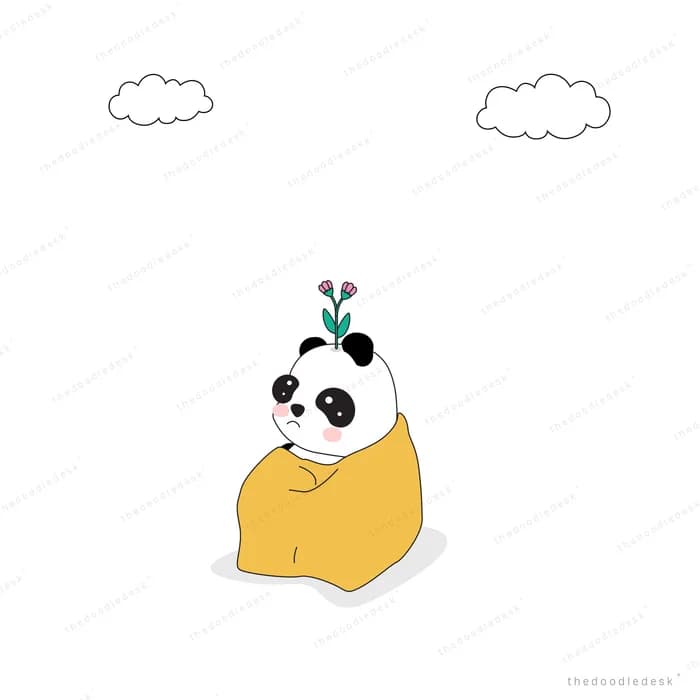 Panda in a yellow bag with a sprout on its head