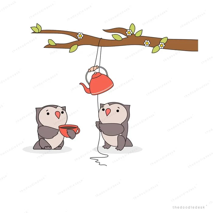 Two birds under a hanging teapot on a branch