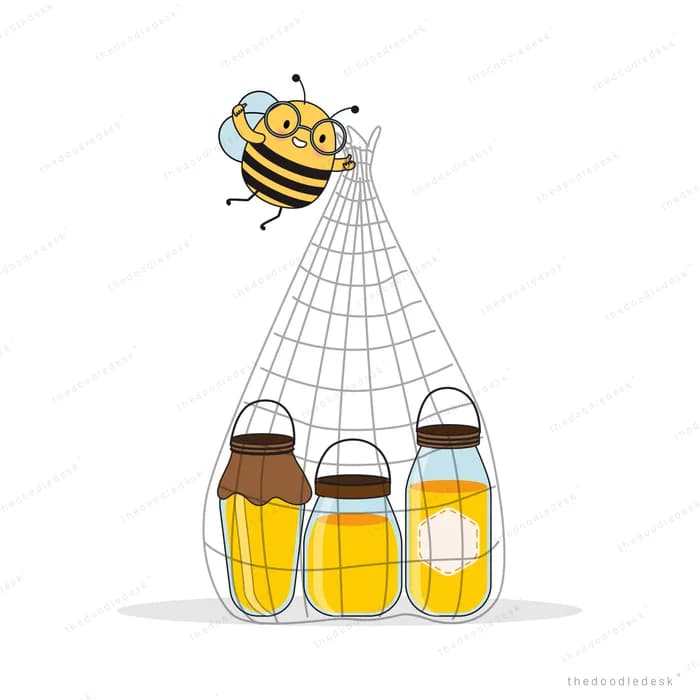 Bee above a rack of honey jars in a web