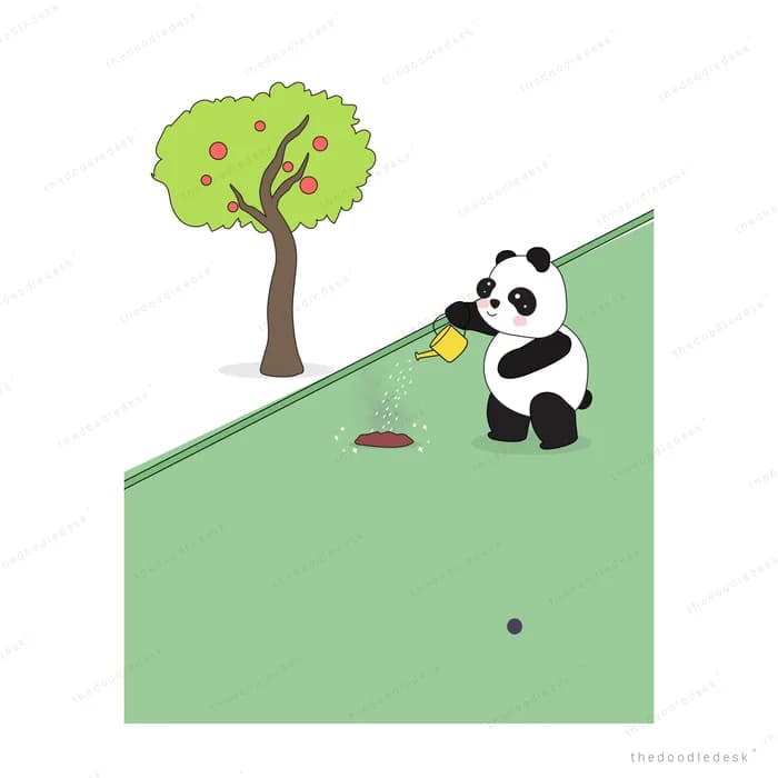 Pandas on a green slope beside a tree