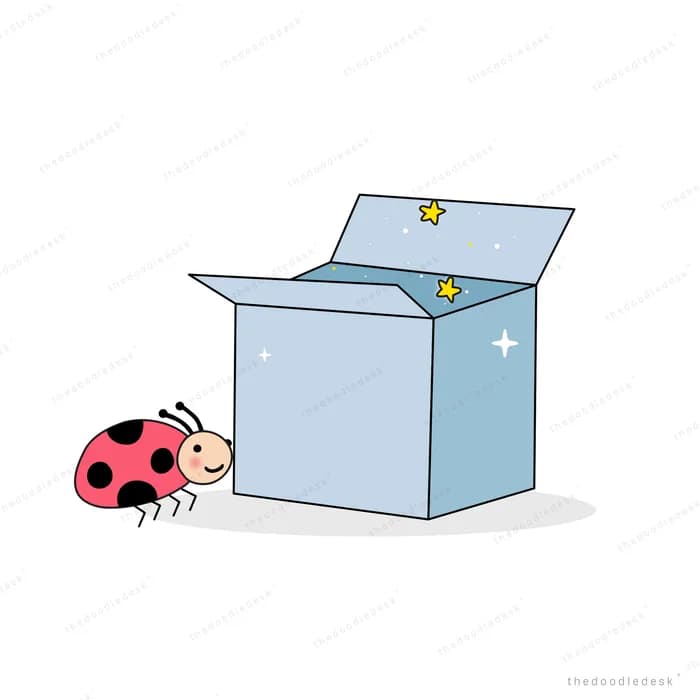 Ladybug beside a large open blue box