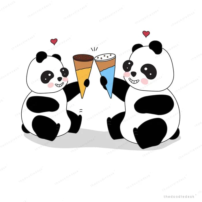Two pandas toasting with ice cream cones