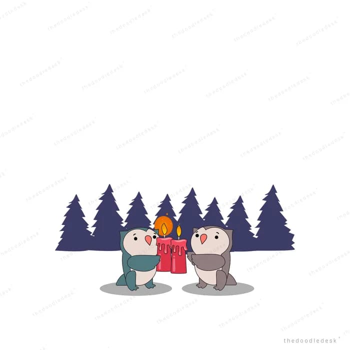 Two owls with gifts among pine trees