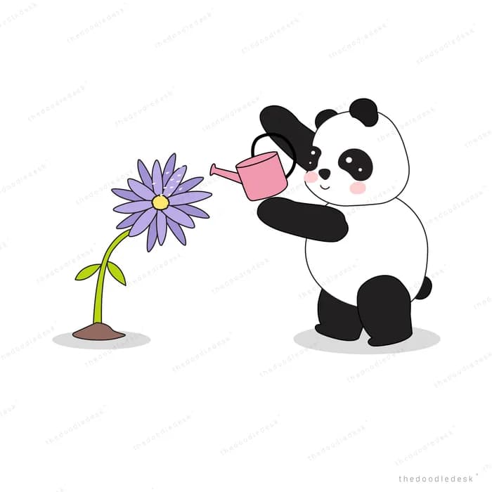 Panda watering a tall purple flower