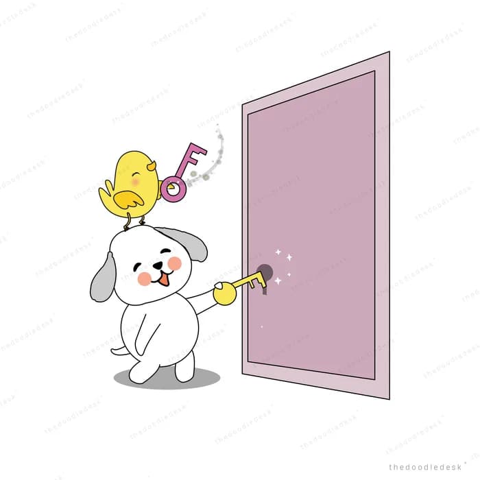Dog opening a pink door with a chick above
