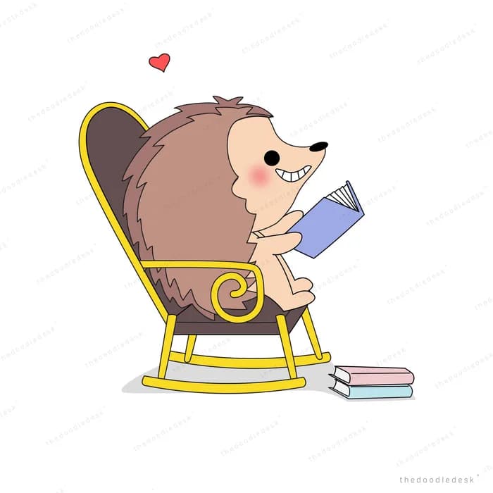 Hedgehog reading in a yellow rocking chair