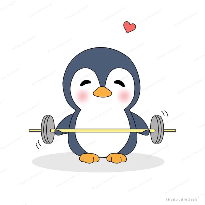 Penguin lifting a barbell overhead with a heart above