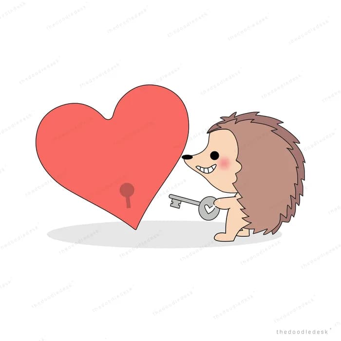 Hedgehog holding a key up to a red heart with a keyhole