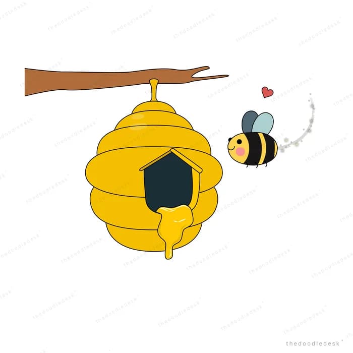 Bee flying toward a yellow beehive hanging from a branch