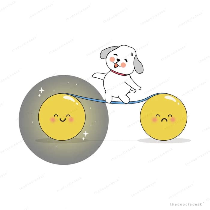 White puppy standing between a smiling yellow moon inside a bubble and a frowning one