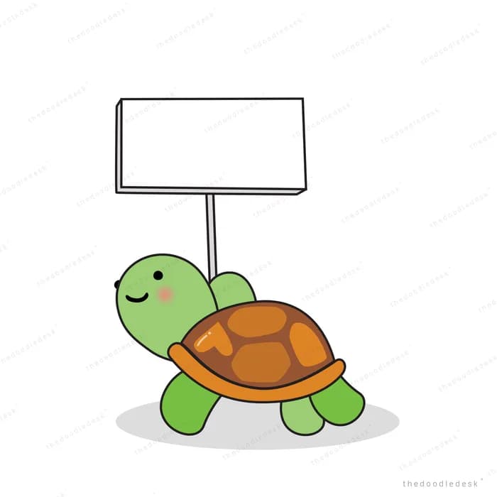 Small turtle carrying a blank signboard on its back across an empty field
