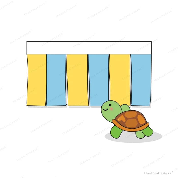 Turtle walking past a striped yellow and blue banner