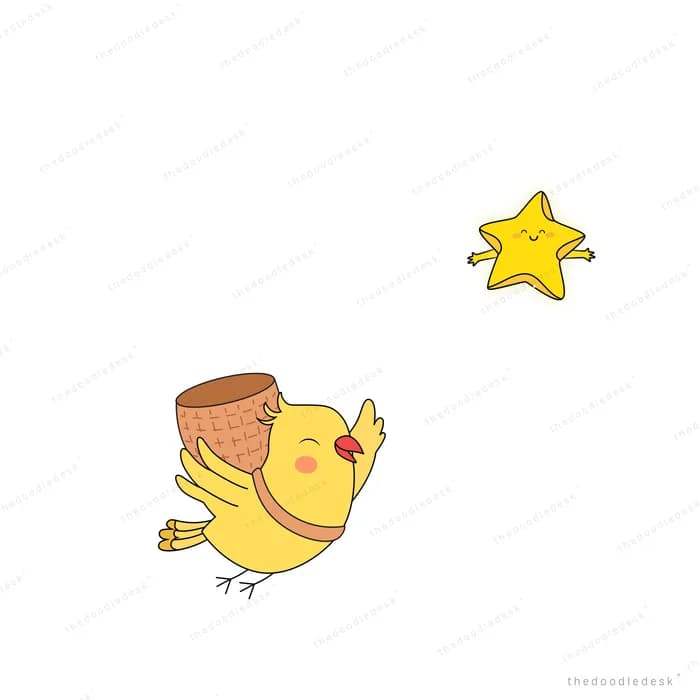 Yellow chick flying with a basket toward a smiling star