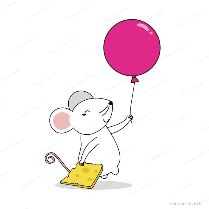 White mouse holding a pink balloon while standing on a slice of cheese