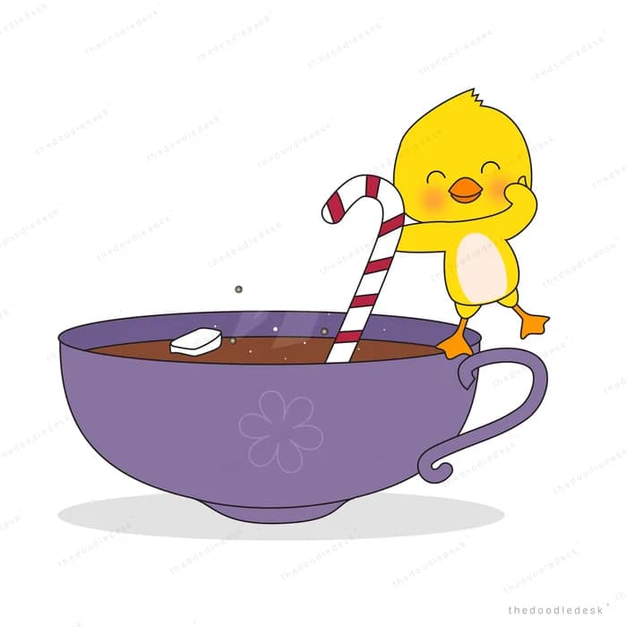 Yellow chick perched on a purple cup of hot chocolate with a candy cane