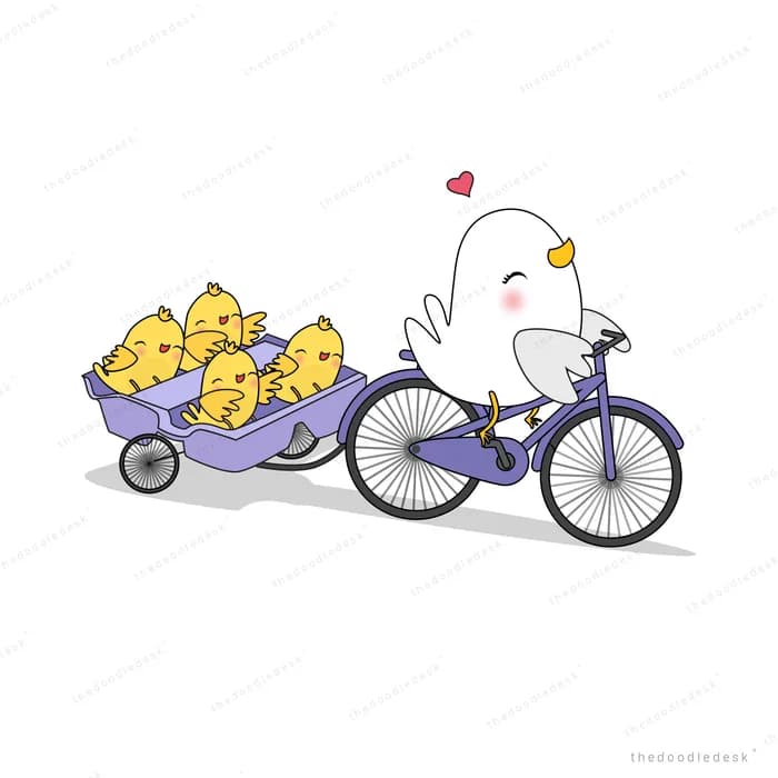 White duck riding a purple bicycle towing a trailer full of yellow chicks