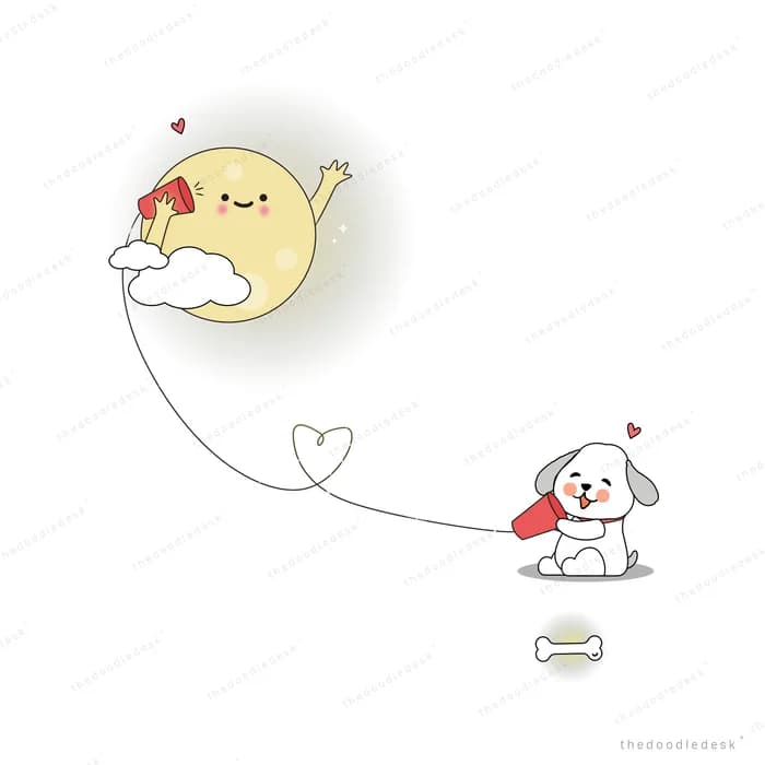 Puppy holding the string of a smiling moon floating like a balloon