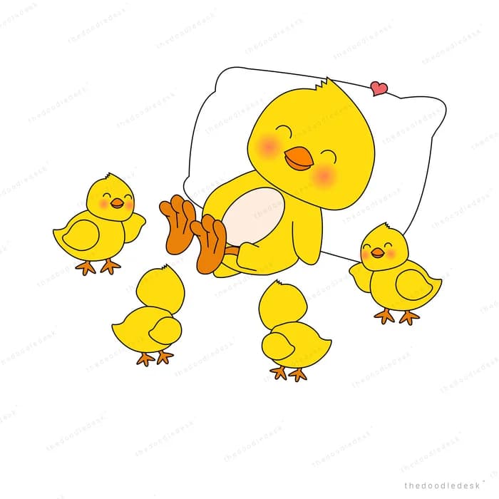 Large chick tucked in bed surrounded by four small chicks