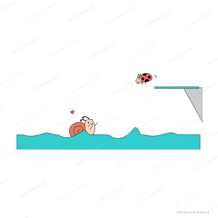 Snail swimming in blue water below a diving board as a ladybug flies above
