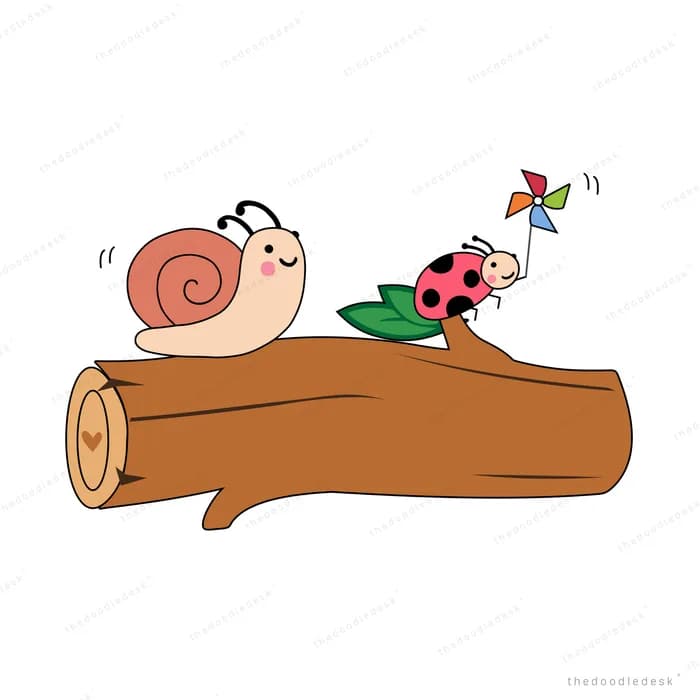 Snail and ladybug sitting on a log with a pinwheel