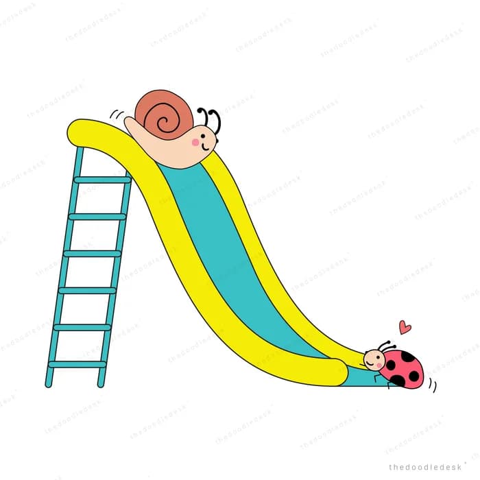 Snail sliding down a playground slide while a ladybug waits at the bottom