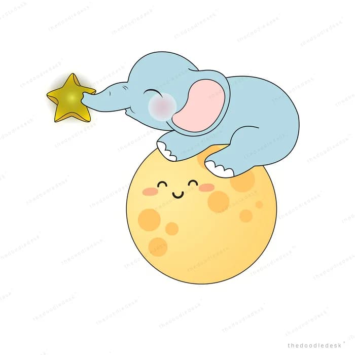 Elephant lying asleep on top of a smiling yellow crescent moon