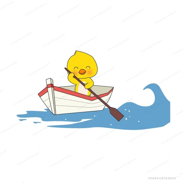 Yellow chick rowing a small wooden boat across a blue wave