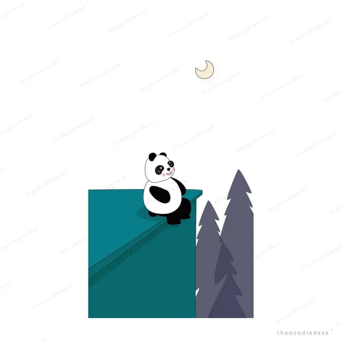 Panda perched on top of a teal block beside dark pine trees