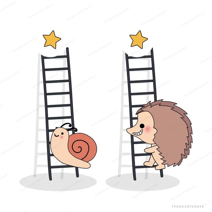 Snail and hedgehog each climbing their own ladder toward a gold star