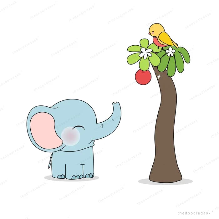 Elephant standing beside a tall tree with fruit and a bird in its branches