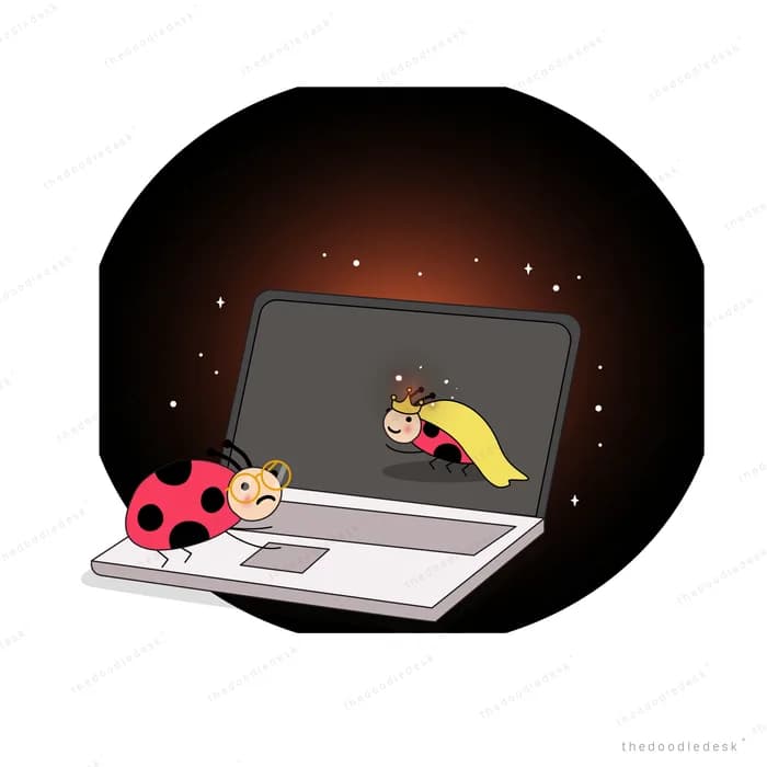 Ladybug and snail beside a laptop in the dark as a small figure emerges from the screen
