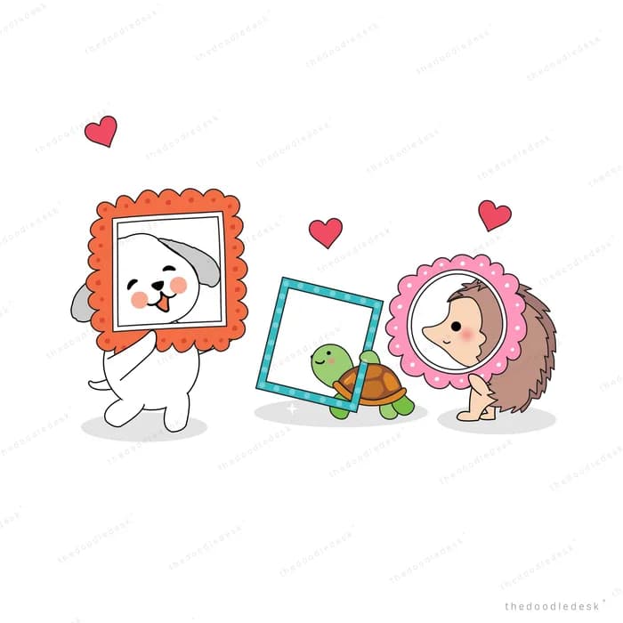 Dog turtle and hedgehog each posing inside their own picture frame with hearts