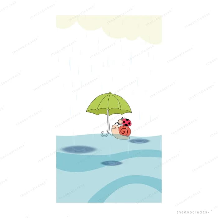 Ladybug sitting beside a green umbrella at the edge of a pale blue pond