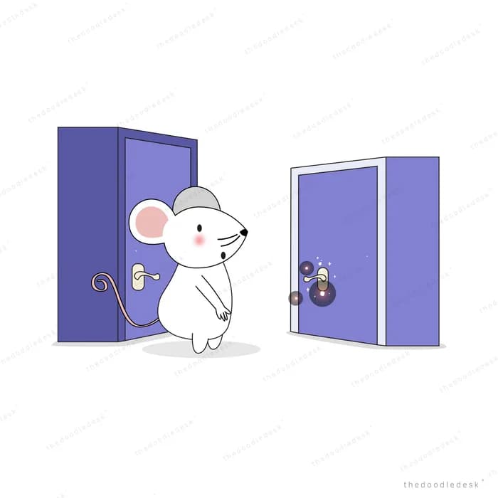 White mouse standing between two open purple doors deciding which to enter