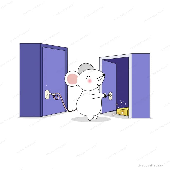 White mouse turning toward one of two open purple doors