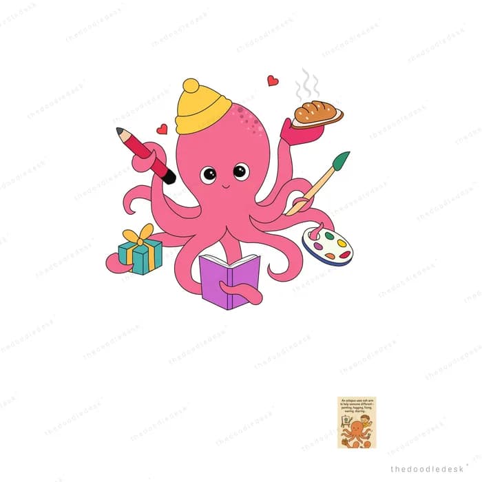 Pink octopus in a party hat holding a pencil paintbrush palette book and a plate of food