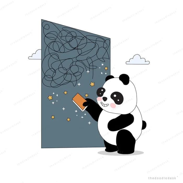 Panda wiping a dark panel of tangled scribbles clean with a cloth