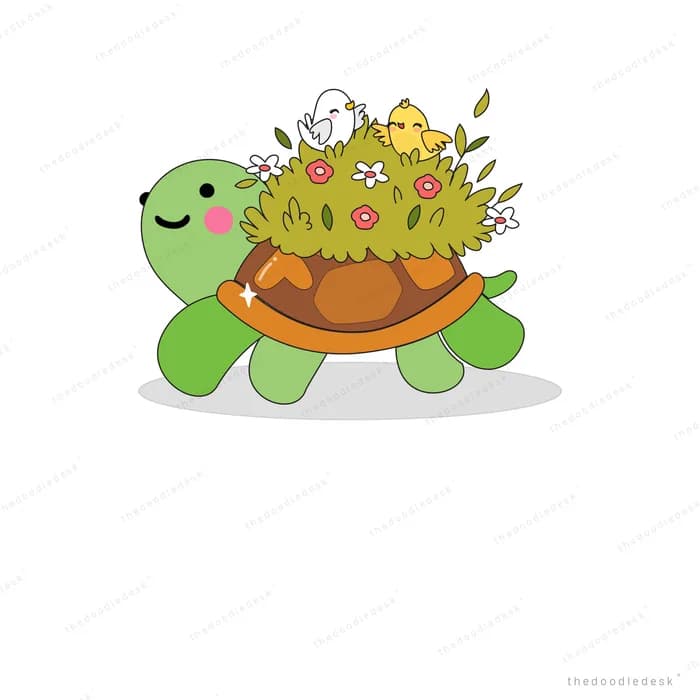 Green turtle carrying a flowering garden on its shell with a bird and chick perched on top