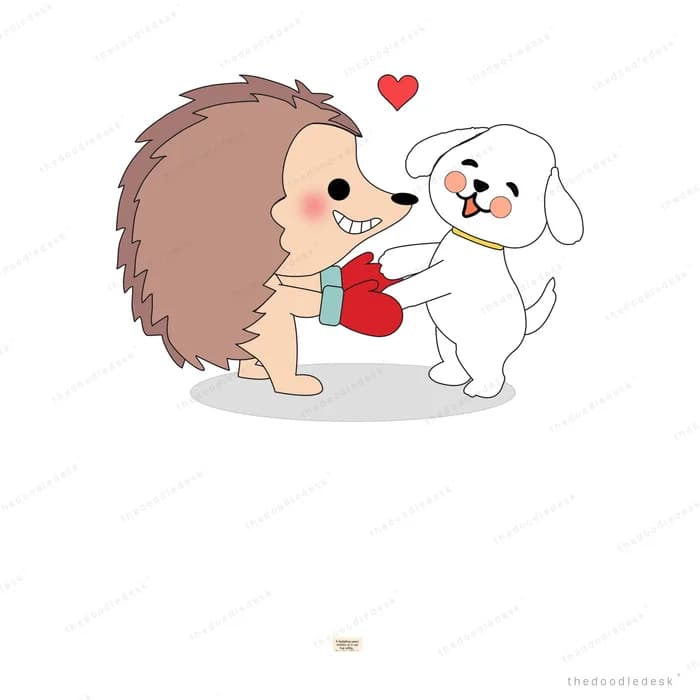 Hedgehog holding out a red heart to a happy white dog