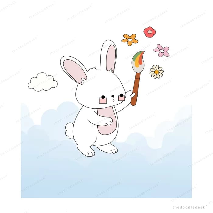 White rabbit holding a lit sparkler among clouds and drifting leaves