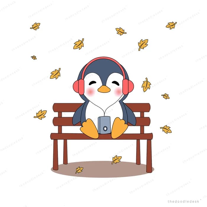 Penguin in headphones sitting on a wooden bench as autumn leaves fall