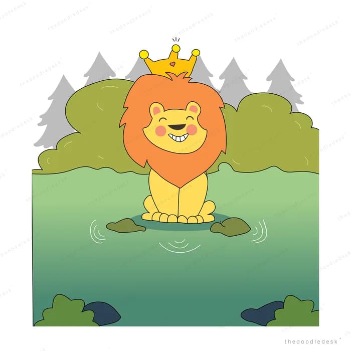 Lion wearing a gold crown sitting on a small island in a green pond