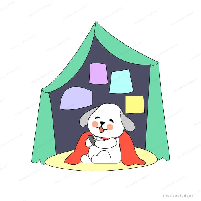 White dog sitting in a green tent lined with coloured sticky notes